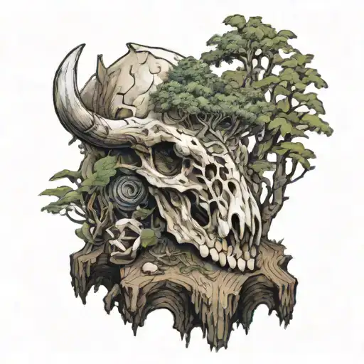 A bison skull sitting on a tree stump with a new tree growing out of the skull tattoo design idea