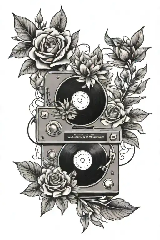 record vinyls with flowers tattoo design idea