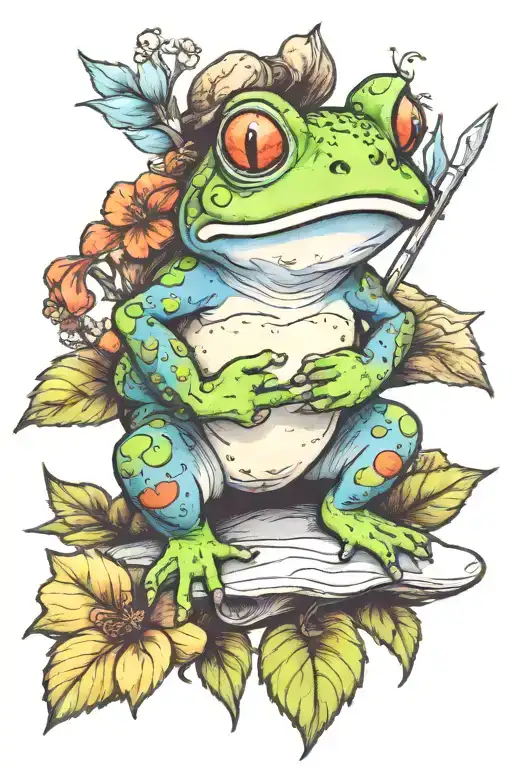 A cute toad sitting on a watercolor paintbrush tattoo design idea