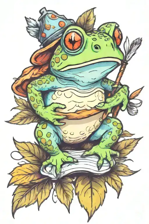 A cute toad sitting on a watercolor paintbrush tattoo design idea