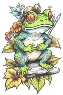 A cute toad sitting on a watercolor paintbrush tattoo design idea