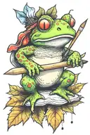 A cute toad sitting on a watercolor paintbrush tattoo design idea