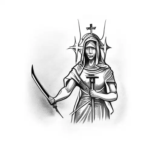 mother mercy impaled by a sword held by lady justice holding scales in an litter filled alley lit by lamplight tattoo design idea