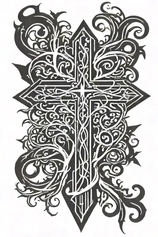 cross with roots growing from bottom tattoo design idea