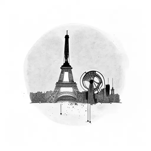 A black-grey tattoo of a Lineman silhouette against a backdrop of famous landmarks from around the world, symbolizing the client's love for traveling tattoo design idea