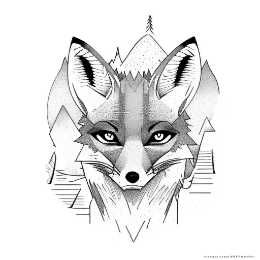A detailed tattoo of a fox on a hiking trail winding through a dense forest with a majestic mountain in the background tattoo design idea