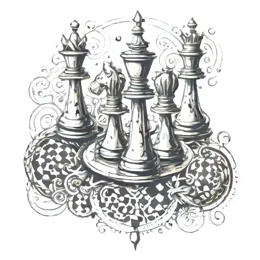 An intricate design of chess pieces battling on a coffee-stained musical staff, all enclosed in a sphere tattoo design idea