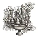 An intricate design of chess pieces battling on a coffee-stained musical staff, all enclosed in a sphere tattoo design idea