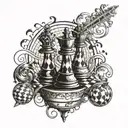An intricate design of chess pieces battling on a coffee-stained musical staff, all enclosed in a sphere tattoo design idea