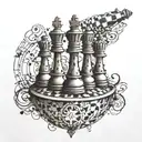 An intricate design of chess pieces battling on a coffee-stained musical staff, all enclosed in a sphere tattoo design idea