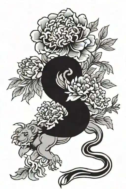 peony, japanese, lion, leaves tattoo design idea