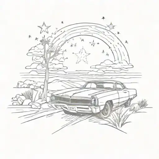 road with subtle  stars and 1965 pontiac G6   tattoo design idea
