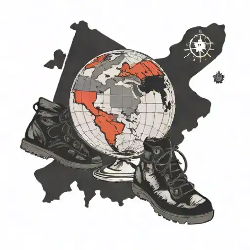 A globe surrounded by backpacking essentials like a compass, map, and hiking boots, with political flags as a border tattoo design idea