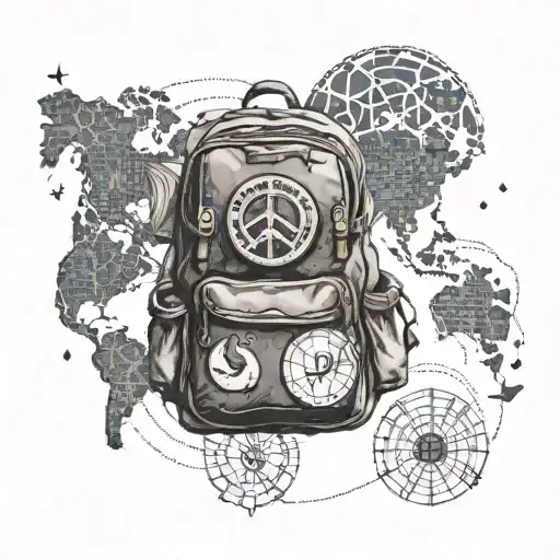 A traveler's backpack overflowing with political books, world maps, and symbols of peace, set against a backdrop of a globe tattoo design idea