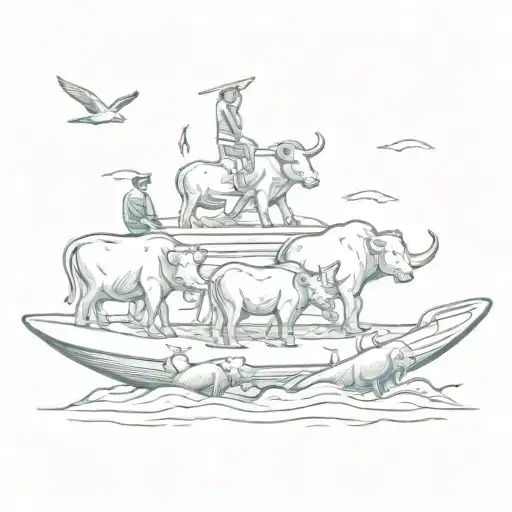 A surreal sketch of a finance-themed tattoo with cows and elephants trading stocks on a surfboard tattoo design idea