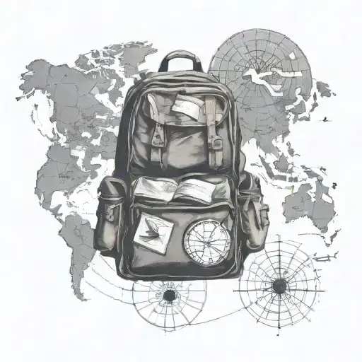 A traveler's backpack overflowing with political books, world maps, and symbols of peace, set against a backdrop of a globe tattoo design idea