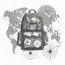A traveler's backpack overflowing with political books, world maps, and symbols of peace, set against a backdrop of a globe tattoo design idea