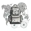 A traveler's backpack overflowing with political books, world maps, and symbols of peace, set against a backdrop of a globe tattoo design idea