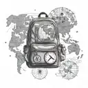 A traveler's backpack overflowing with political books, world maps, and symbols of peace, set against a backdrop of a globe tattoo design idea