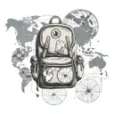 A traveler's backpack overflowing with political books, world maps, and symbols of peace, set against a backdrop of a globe tattoo design idea