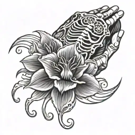 skeleton hand holding an Azalea flower surrounded by japanese style waves  tattoo design idea