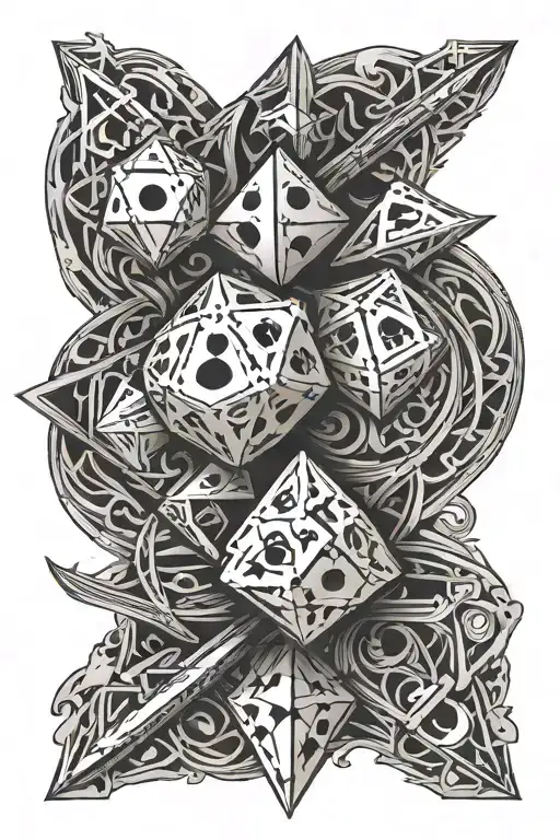 sword intertwined dice rolling tattoo design idea