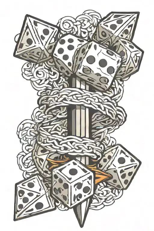 sword intertwined dice rolling tattoo design idea
