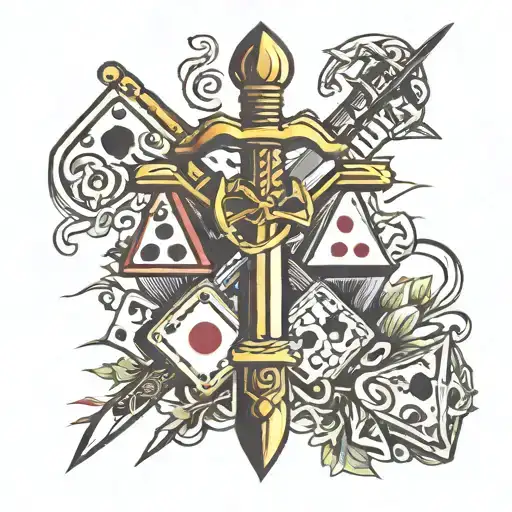 sword intertwined dice rolling tattoo design idea