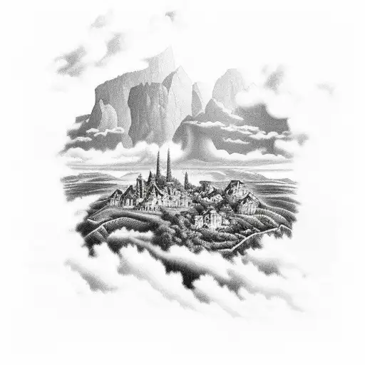 dragon climbing ledge in foreground with small village in valley in background. storm clouds in the sky. black and whit. tattoo design idea