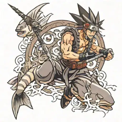 zabuza with sword and fish surrounded tattoo design idea