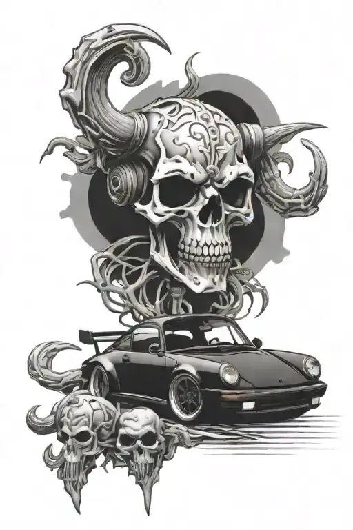 A Porsche 930 covered in anime characters racing against a skeleton head with ram horns on a JDM background tattoo design idea