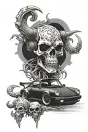 A Porsche 930 covered in anime characters racing against a skeleton head with ram horns on a JDM background tattoo design idea