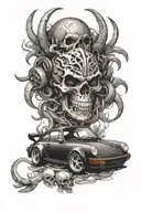 A Porsche 930 covered in anime characters racing against a skeleton head with ram horns on a JDM background tattoo design idea