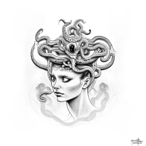large back piece, Medusa centred holding a decapitated head with mirror image either side large snakes and decor  tattoo design idea