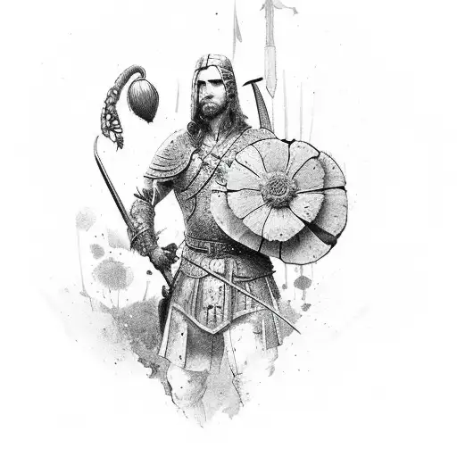 a warrior that holds a poppy in his hand that makes him have a second chance in life tattoo design idea