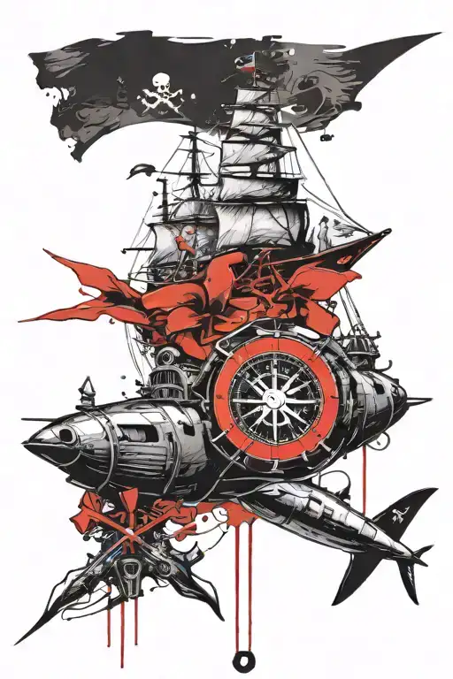 compass rose and pirate flag and submarine dolphine tattoo design idea