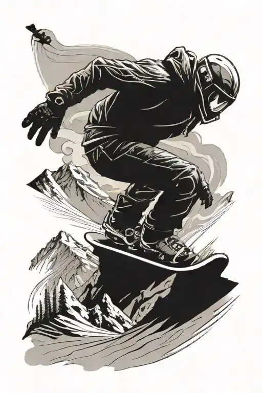 A snowboarder carving down a mountain slope with a mountain range shaped like a skull in the background tattoo design idea