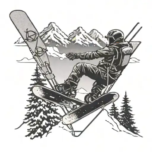 A snowboarder catching air off a chairlift with mountains in the background tattoo design idea