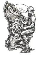 A millwright working on a mechanical mountain scene tattoo design idea
