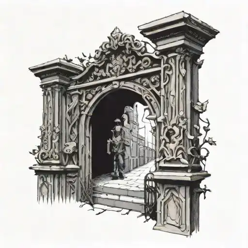 Renaissance style artwork. Face front view of some creepy "gothic" black iron cemetery gates with a man that walks up to tattoo design idea