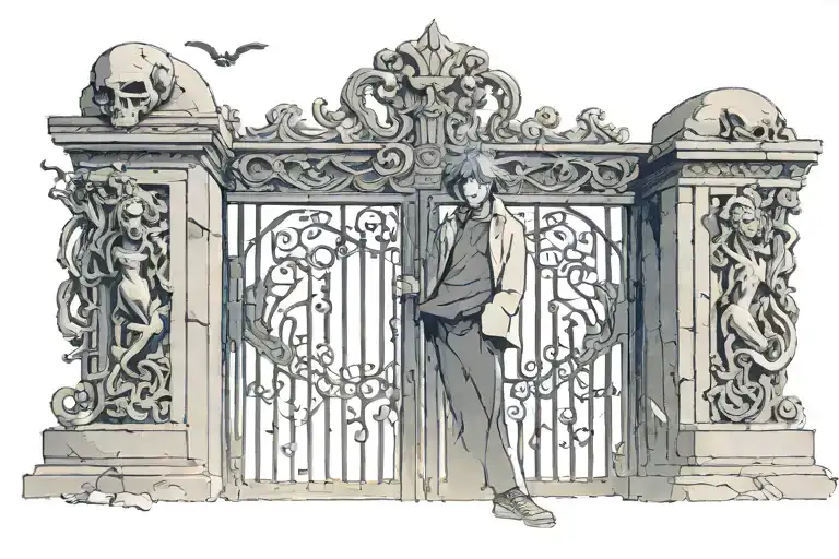 man at gat loking up the gate cemitery, o the gates demons ghosts representing emotional vibes, smile, sad ... tattoo design idea