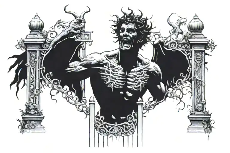 man loking up the gate cemitery, on the gates demons ghosts representing emotional vibes, smile, sad ... tattoo design idea