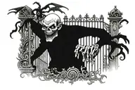 man loking up the gate cemitery, on the gates demons ghosts representing emotional vibes, smile, sad ... tattoo design idea