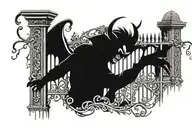 man loking up the gate cemitery, on the gates demons ghosts representing emotional vibes, smile, sad ... tattoo design idea