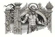 man at gat loking up the gate cemitery, o the gates demons ghosts representing emotional vibes, smile, sad ... tattoo design idea
