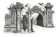 man at gat loking up the gate cemitery, o the gates demons ghosts representing emotional vibes, smile, sad ... tattoo design idea