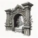 Renaissance style artwork. Face front view of some creepy "gothic" black iron cemetery gates with a man that walks up to tattoo design idea