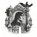 Renaissance style artwork. Face front view of some creepy "gothic" black iron cemetery gates with a man that walks up to tattoo design idea