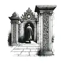 Renaissance style artwork. Face front view of some creepy "gothic" black iron cemetery gates with a man that walks up to tattoo design idea