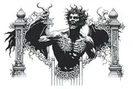 man loking up the gate cemitery, on the gates demons ghosts representing emotional vibes, smile, sad ... tattoo design idea